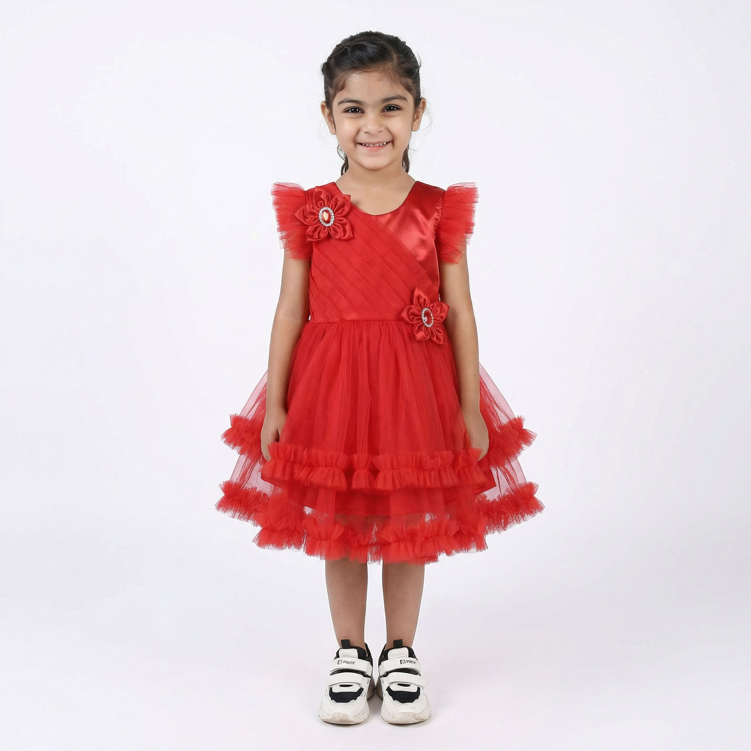Elegant Awesome Red Net Party Frock for Girls