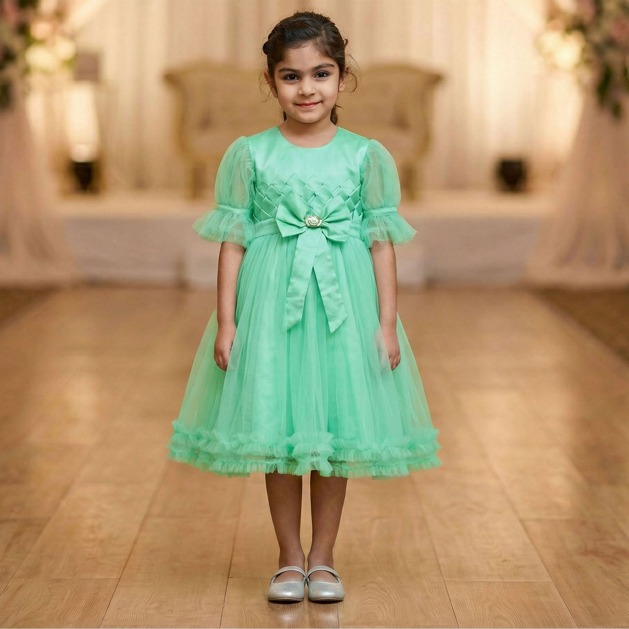 Stylish Green Net Party Frock for Girls