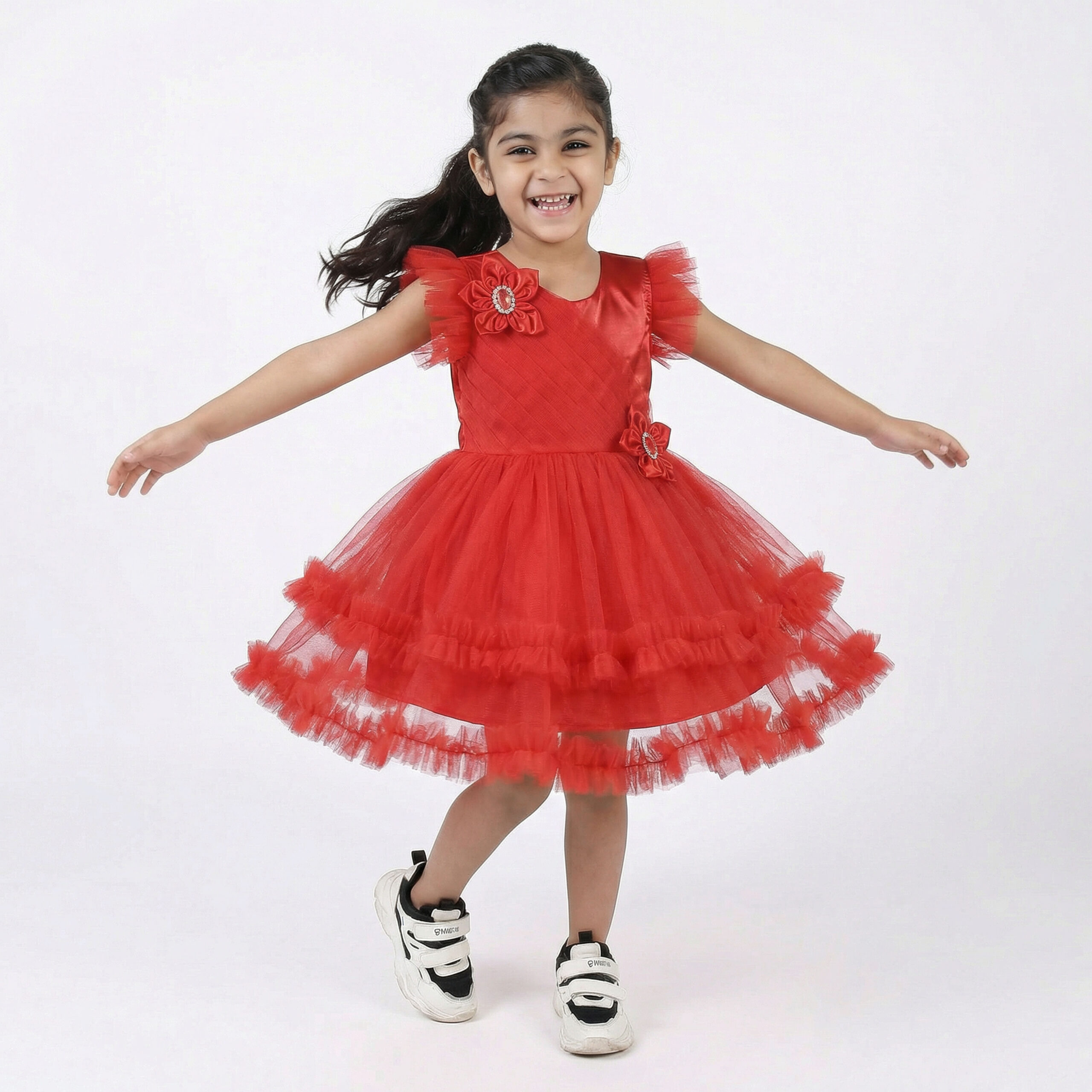 Elegant Awesome Red Net Party Frock for Girls