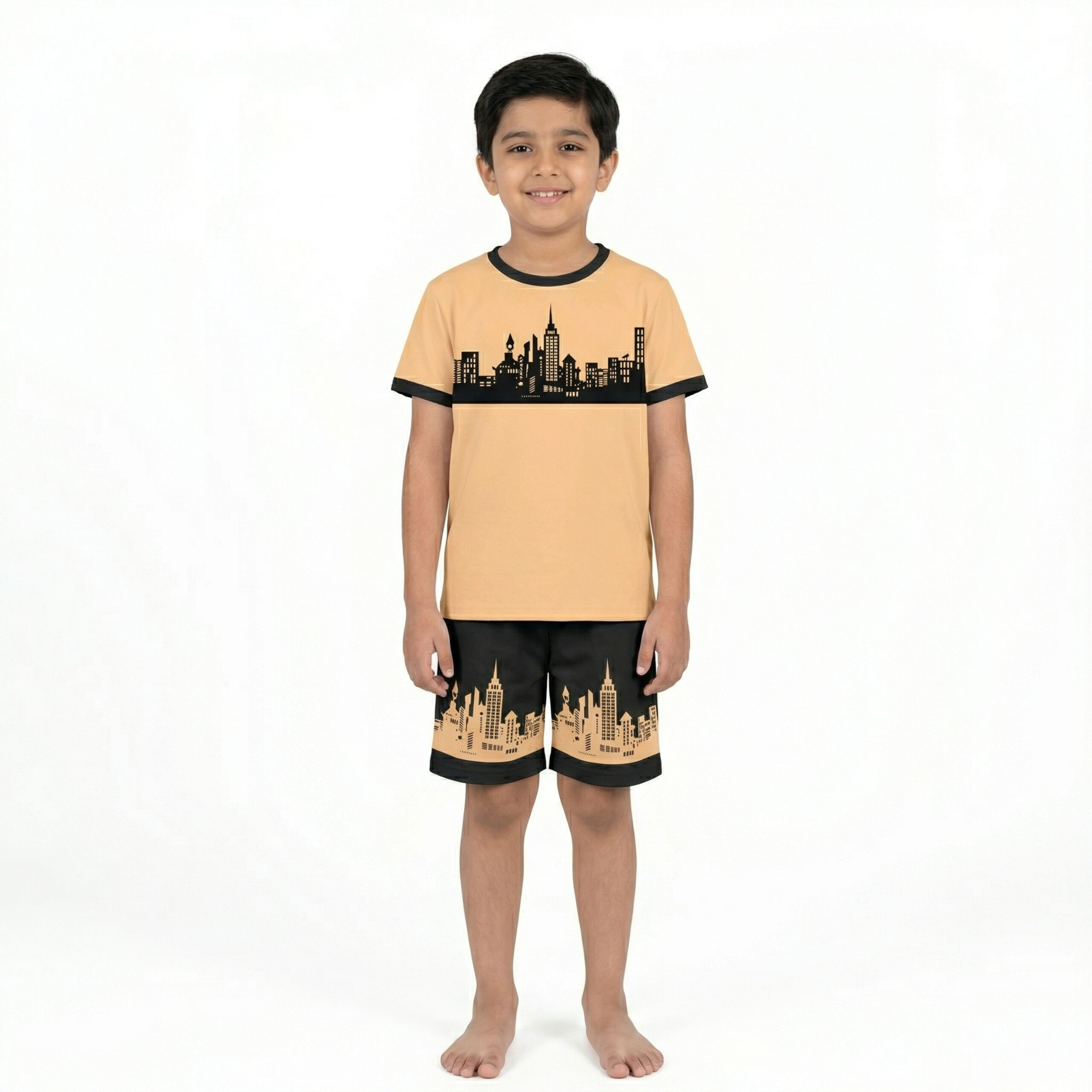 Gotham City Boys Peach Shirt & Black Shorts Printed Set