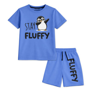 Stay Fluffy Penguin Boys Blue Shorts Set