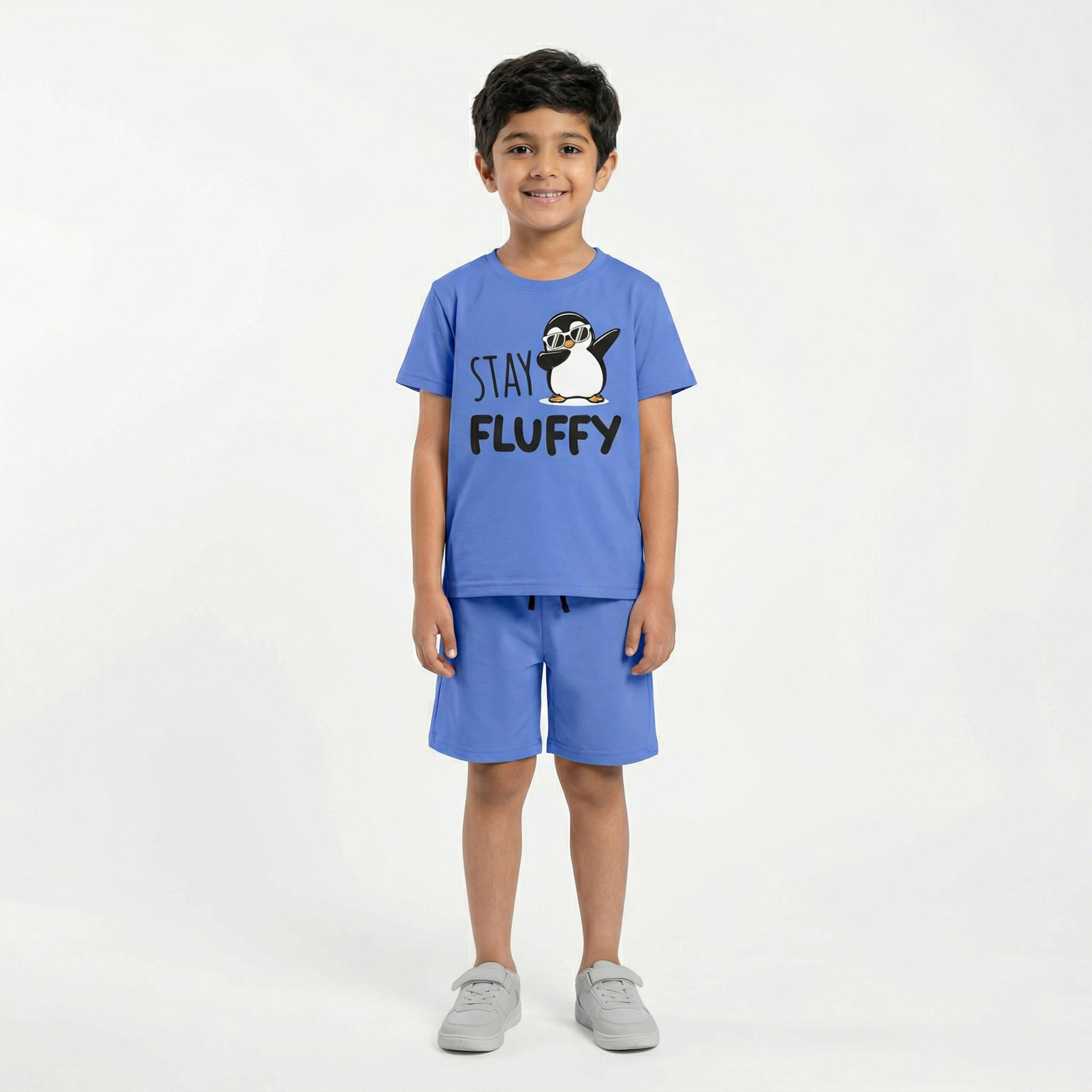 Stay Fluffy Penguin Boys Blue Shorts Set